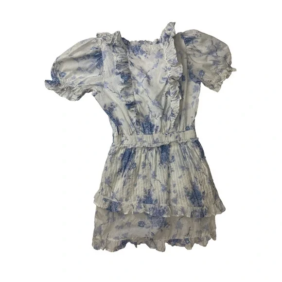 LoveShackFancy Blue & White Toile Ruffle Mini Dress Puff Sleeve Romantic Small - Picture 2 of 9